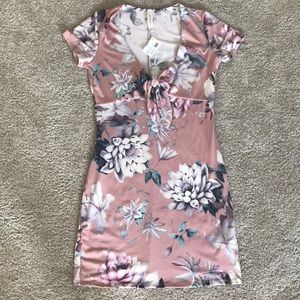 Mauve Floral Fitted Tie Front Dress